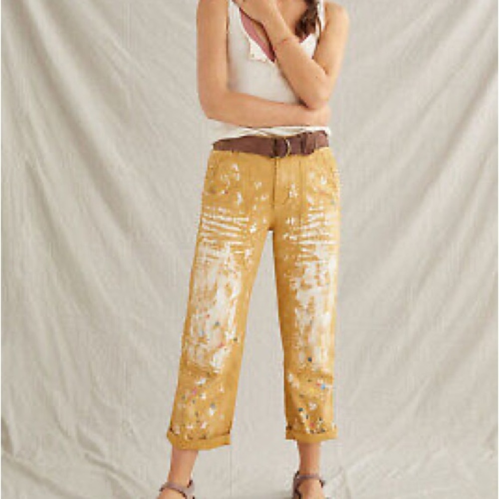 Pilcro The Roamer Paint Splatter Utility Pants Carpenter Cropped Cuffed Tan 30